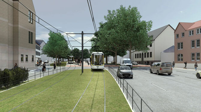 Diese Grafik zeigt die Trassenvariante Ledergraben –  aber mit deutlich weniger Platanen als bisher. Man erkennt, dass sich das