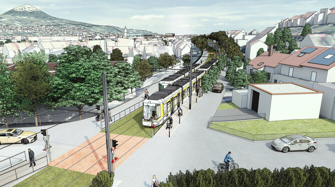 Regional-Stadtbahn Entwurf für eine Haltestelle Große Heerstraße im Zuge der alten Bahntrasse in Pfullingen: Wie die Stadt das Umfeld der Trasse g