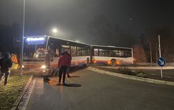Dieser Bus des SEV steht quer auf der Auf- und Abfahrt zur B 312 in Riederich. Der Fahrer wollte wenden, weil er sich verfahren