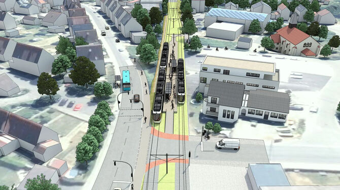 Regional-Stadtbahn Die Visualisierung zeigt die Alte Bahntrasse mit dem Haltepunkt Süd beim Haldenäckerweg.