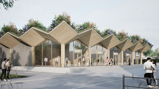 Der Green Pavillon bekommt ein Tragwerk aus regionalem Holz. VISUALISIERUNG: OUTLETCITY Der Green Pavillon bekommt ein Tragwerk aus regionalem Holz. VISUALISIERUNG: OUTLETCITY