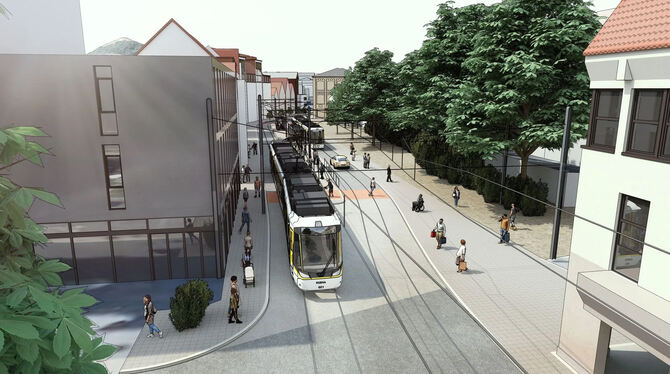 Regional-Stadtbahn Neckar-Alb Stadtbahn RSB Gartenstraße Am Lindachknoten gen Gartenstraße: Die Visualisierung zeigt den Albtorplatz mit Stadtbahn.