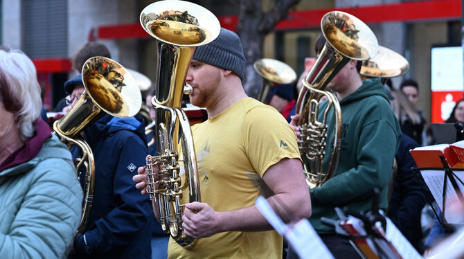 Weihnachtsliederblasen Reutlingen Marktplatz Kalt war's diesem Bariton-Spieler am Samstag offenbar nicht.