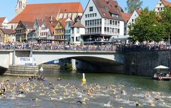 Mit der schönen Tübinger Neckarfront im Hintergrund starten am Sonntagmorgen an der Eberhardsbrücke die Triathleten im Neckar, a